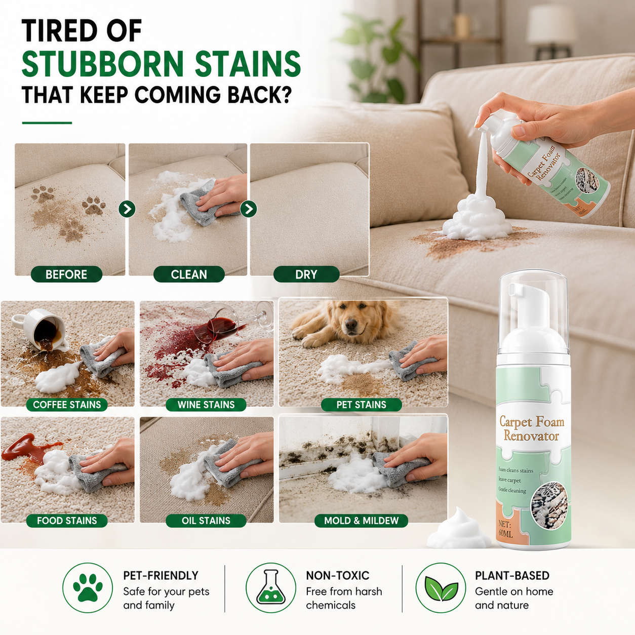 🔥🧼Waterless Carpet Foam Stain Remover With Towel Carpet Foam Renovator